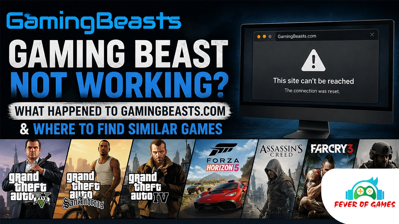 Gaming Beast not working banner showing GamingBeasts.com down error screen with gaming titles like GTA 5, GTA San Andreas, GTA 4, Forza Horizon 5, Assassin’s Creed, Far Cry 3, and Call of Duty, explaining what happened to Gaming Beast and alternatives for PC games.