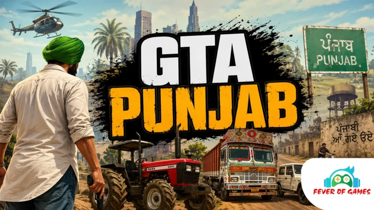 GTA Punjab game poster showcasing a Punjabi-themed open world with tractors, colorful trucks, rural landscapes, helicopters, and action-packed gameplay inspired by GTA San Andreas.
